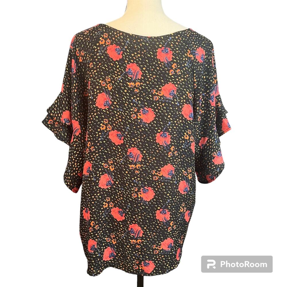 UMGEE Women's Black Red Floral Boxy Flutter Sleeves Sheer Blouse Sz S Whimsical - Picture 2 of 4